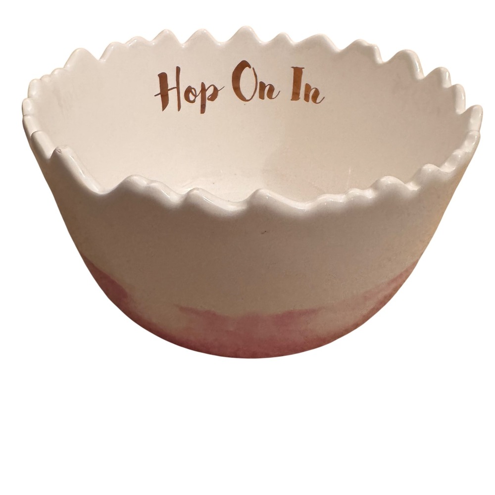 Arlington Designs Ceramic "Hop‎ On In" Bowl Pink Speckled Rimmed Easter Dish